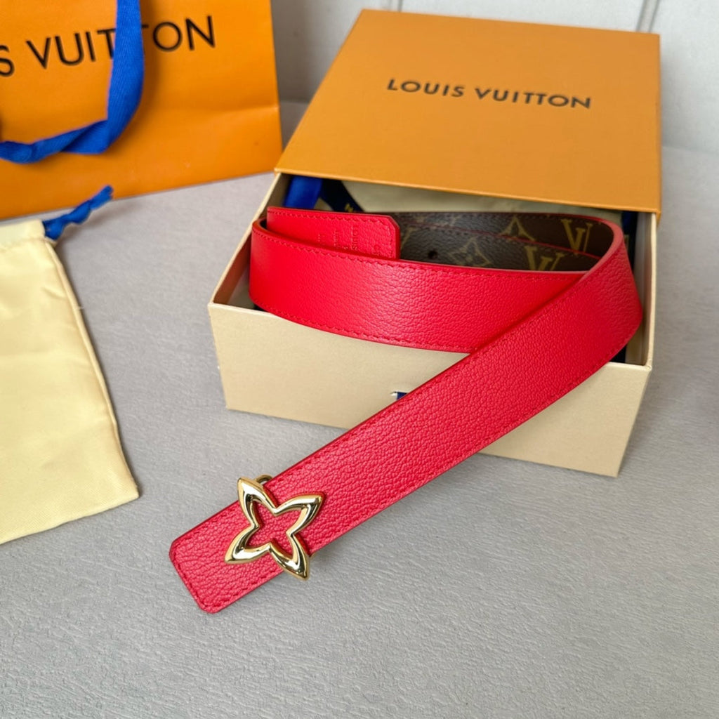 LOUIS VUITTON LV Flowergram 30mm Reversible Belt Gold Buckle Red Brown Leather