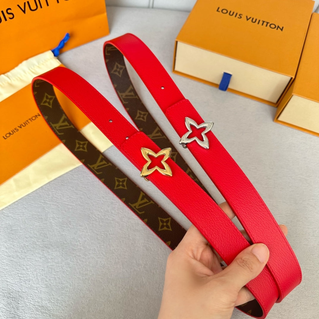 LOUIS VUITTON LV Flowergram 30mm Reversible Belt Gold Buckle Red Brown Leather