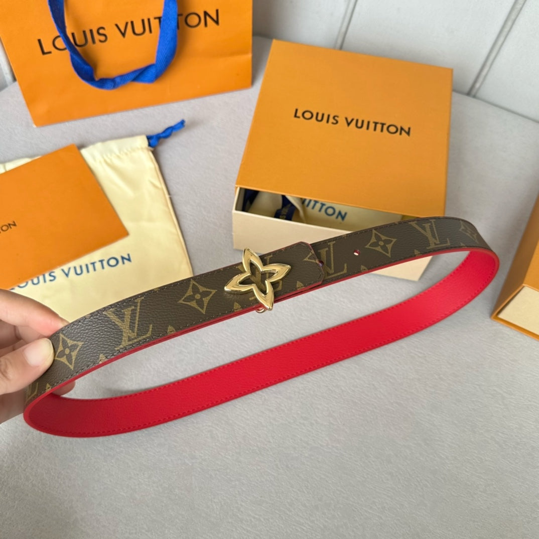 LOUIS VUITTON LV  MINI FLOWERGRAM 30MM REVERSIBLE BELT IN CHERRY RED CALFSKIN GOLD HARDWARE