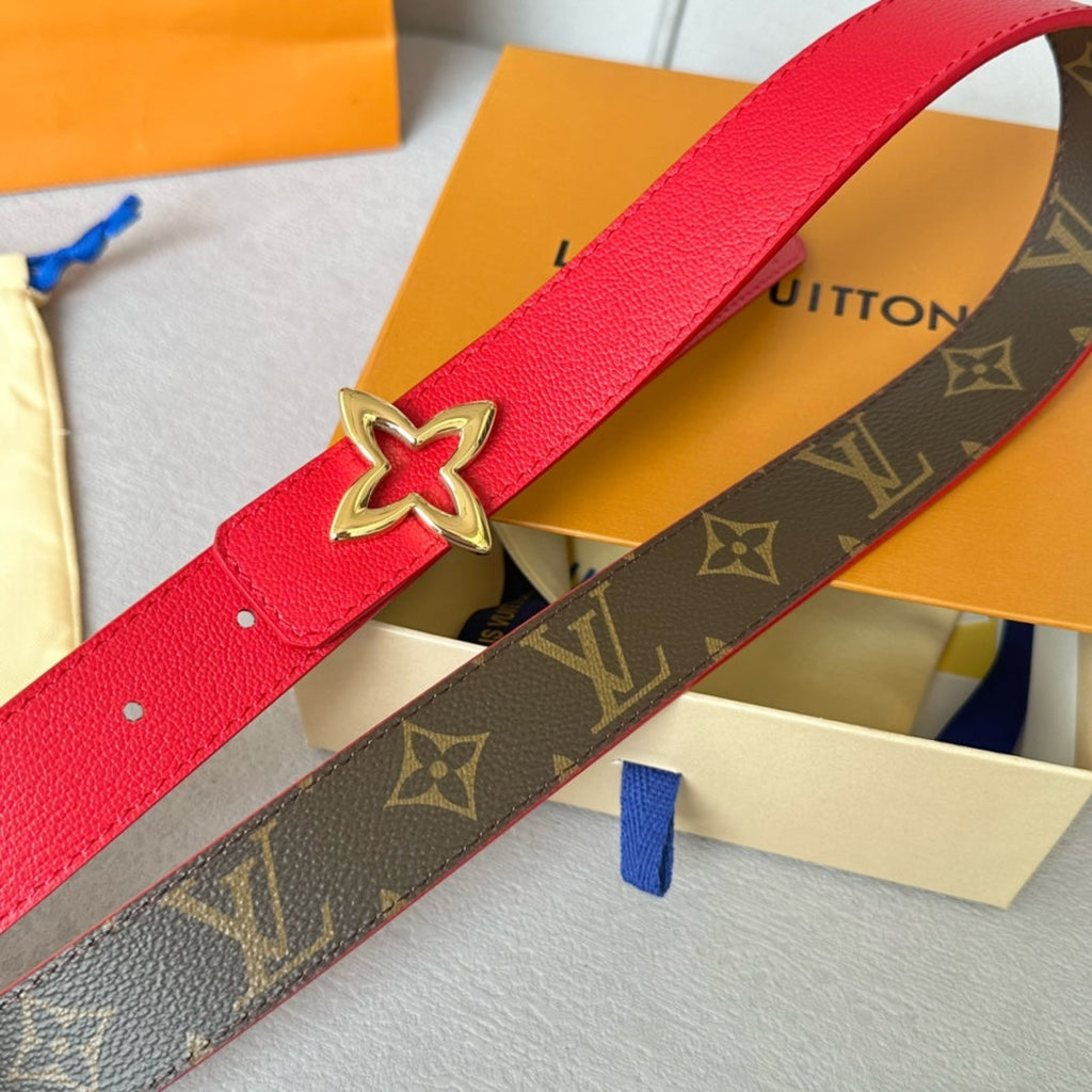 LOUIS VUITTON LV Flowergram 30mm Reversible Belt Gold Buckle Red Brown Leather