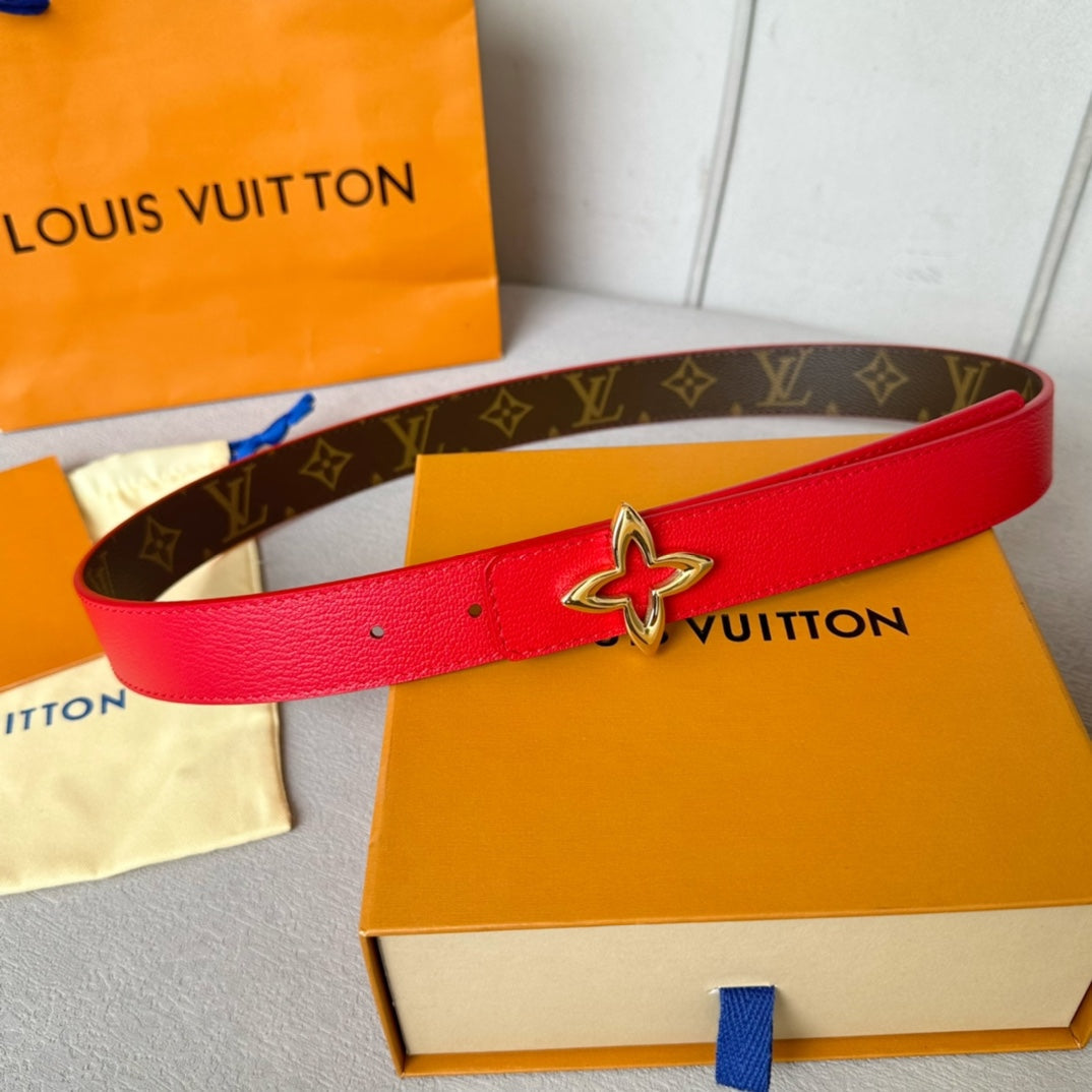 LOUIS VUITTON LV Flowergram 30mm Reversible Belt Gold Buckle Red Brown Leather