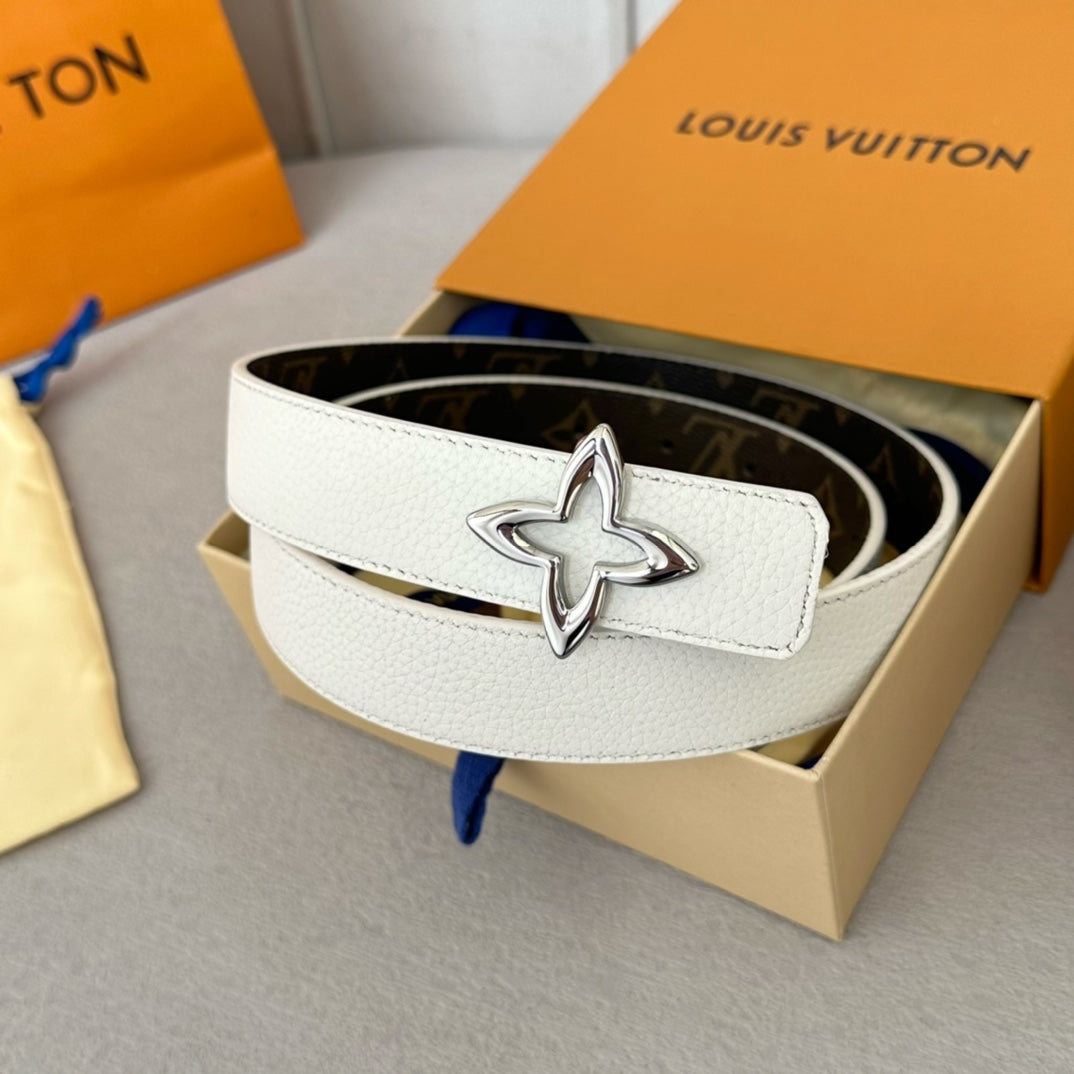 LOUIS VUITTON LV Flowergram 30mm Reversible Belt Silver Buckle White Brown Leather