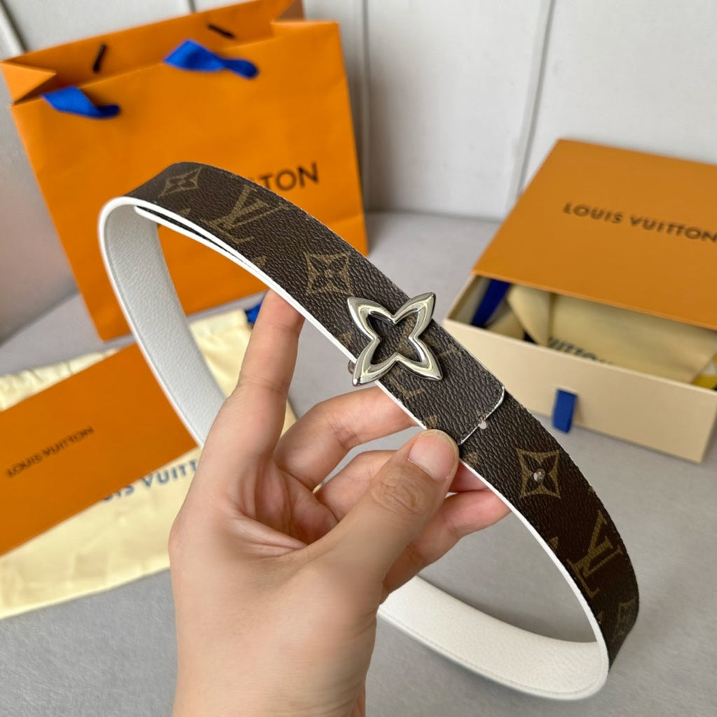 LOUIS VUITTON LV Flowergram 30mm Reversible Belt Silver Buckle White Brown Leather