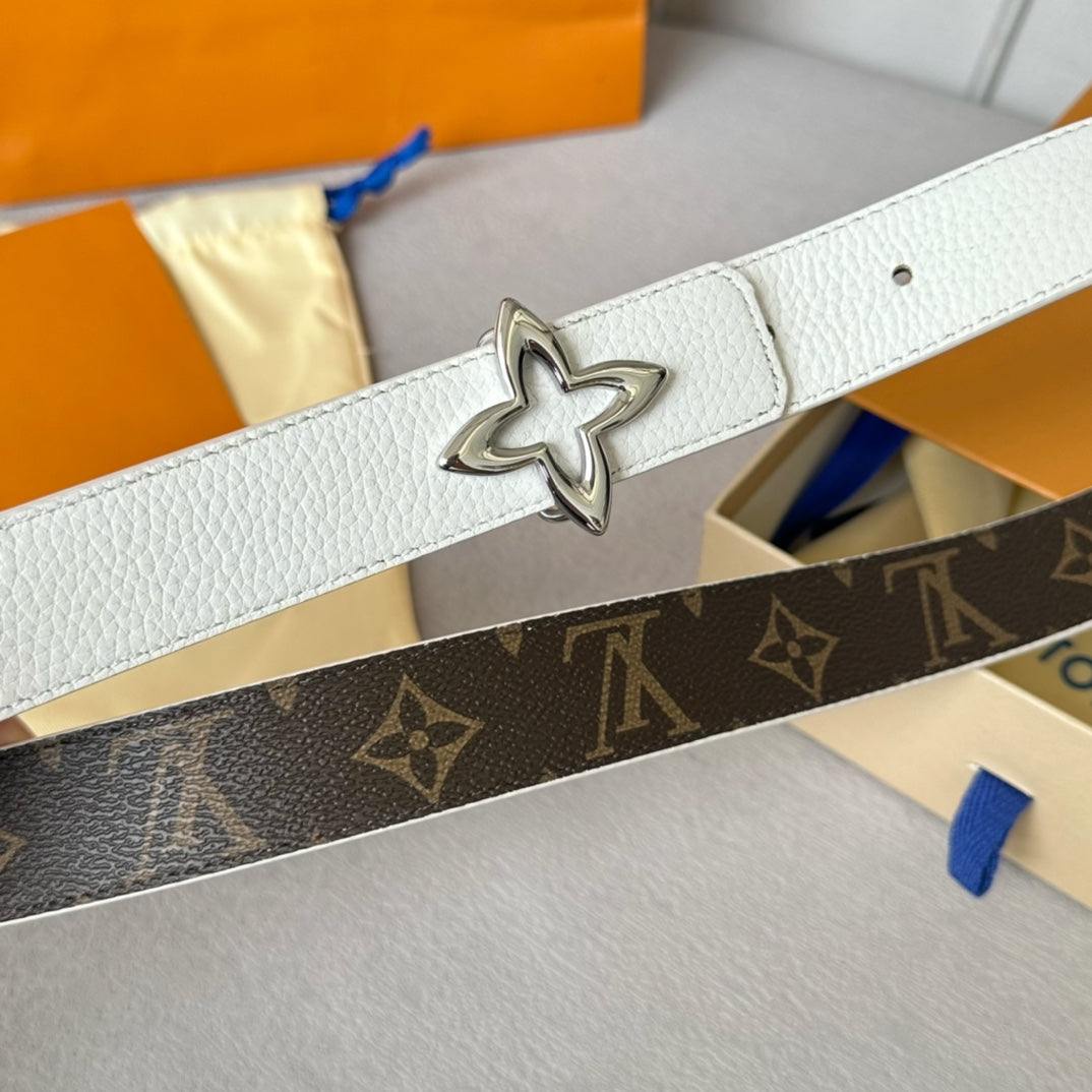 LOUIS VUITTON LV Flowergram 30mm Reversible Belt Silver Buckle White Brown Leather