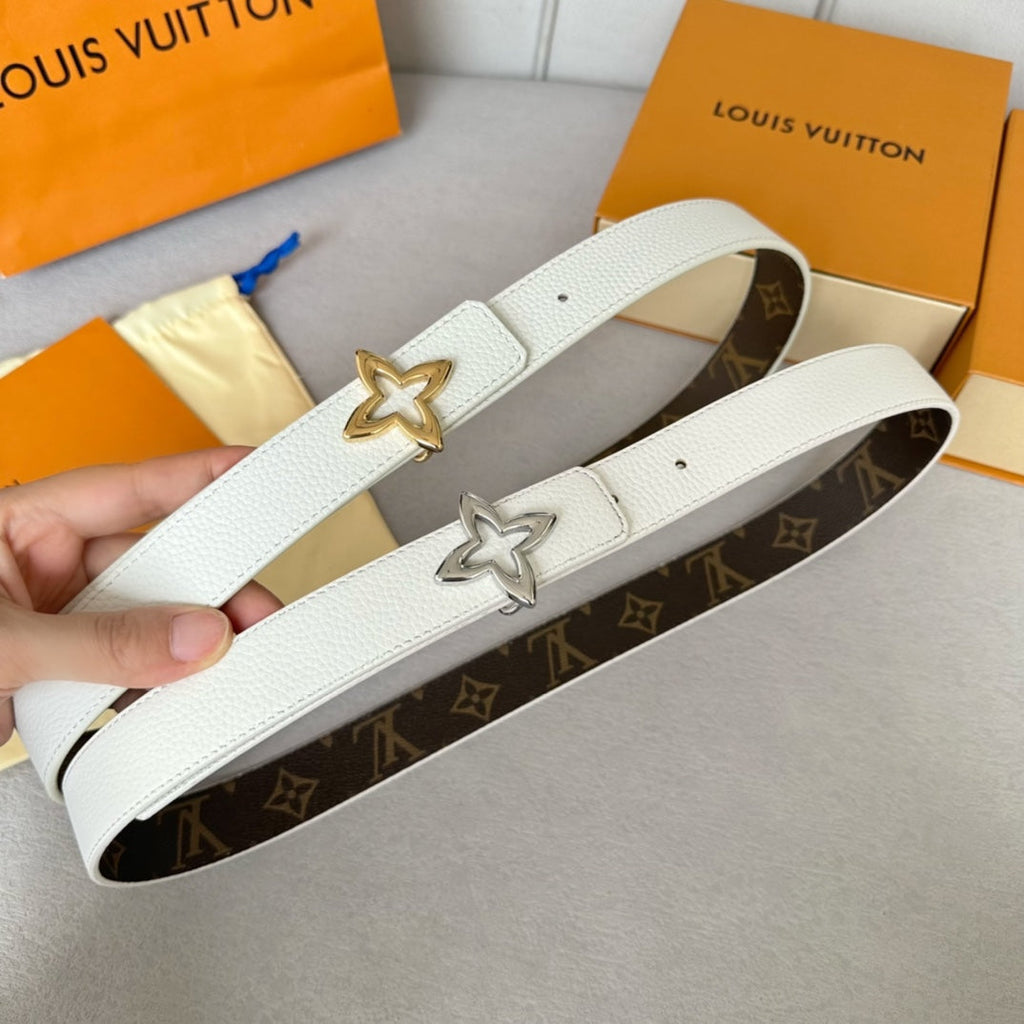 LOUIS VUITTON LV  MINI FLOWERGRAM 30MM REVERSIBLE BELT IN WHITE CALFSKIN SILVER HARDWARE