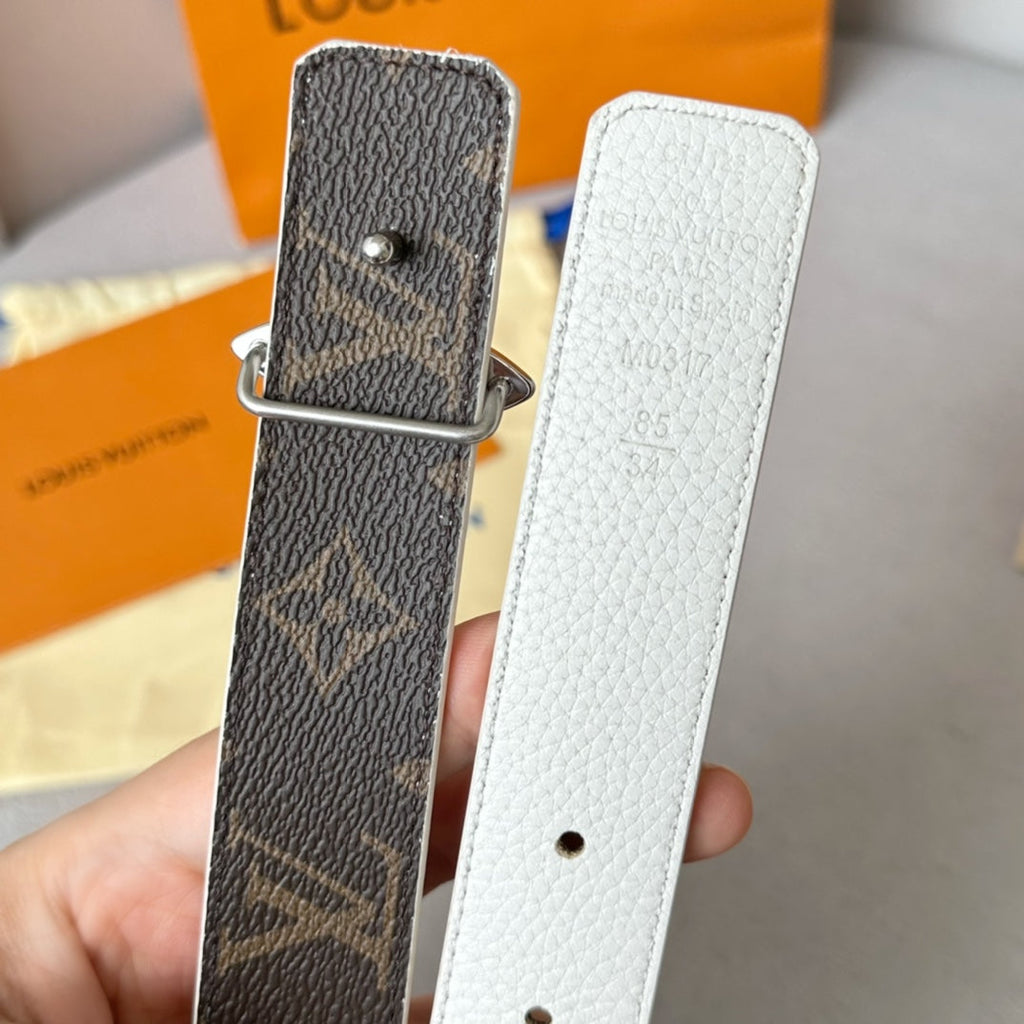 LOUIS VUITTON LV Flowergram 30mm Reversible Belt Silver Buckle White Brown Leather