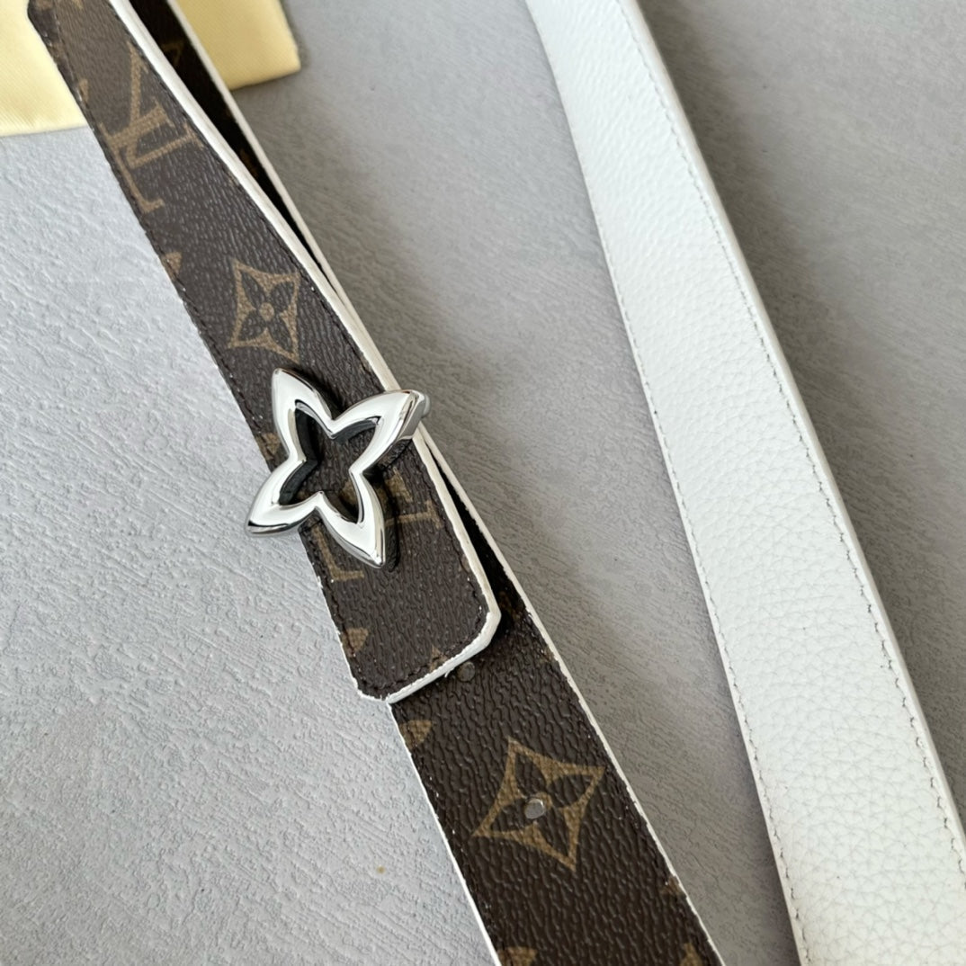 LOUIS VUITTON LV  MINI FLOWERGRAM 30MM REVERSIBLE BELT IN WHITE CALFSKIN SILVER HARDWARE