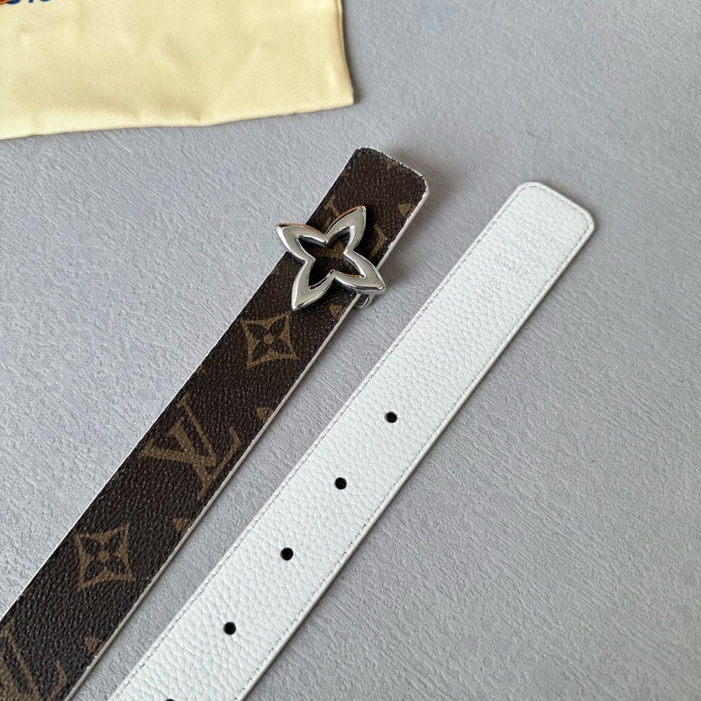 LOUIS VUITTON LV Flowergram 30mm Reversible Belt Silver Buckle White Brown Leather