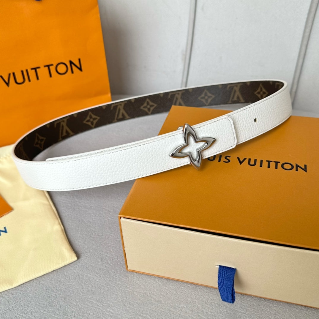 LOUIS VUITTON LV Flowergram 30mm Reversible Belt Silver Buckle White Brown Leather