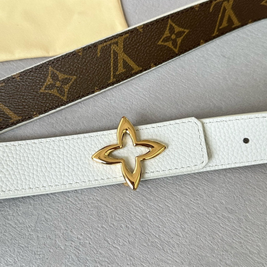 LOUIS VUITTON LV  MINI FLOWERGRAM 30MM REVERSIBLE BELT IN WHITE CALFSKIN GOLD HARDWARE