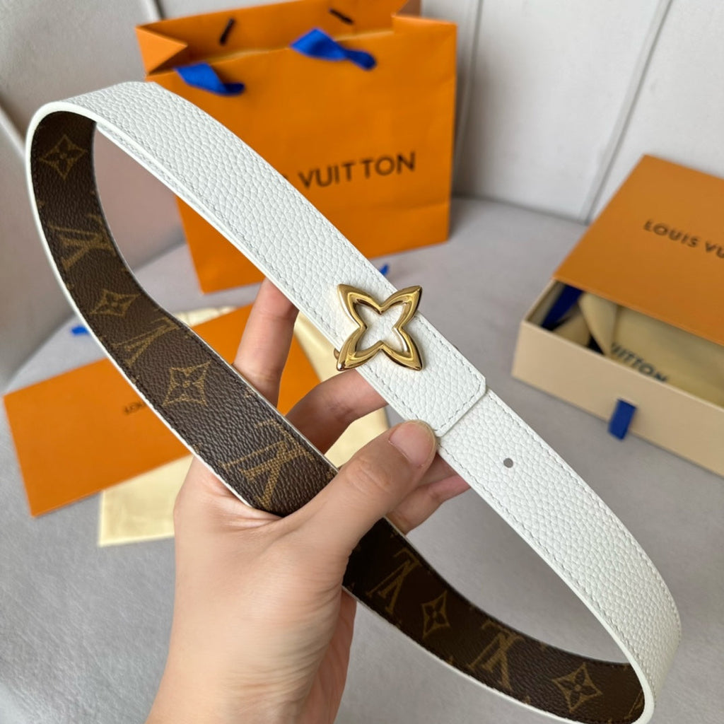 LOUIS VUITTON LV Flowergram 30mm Reversible Belt Gold Buckle White Brown Leather