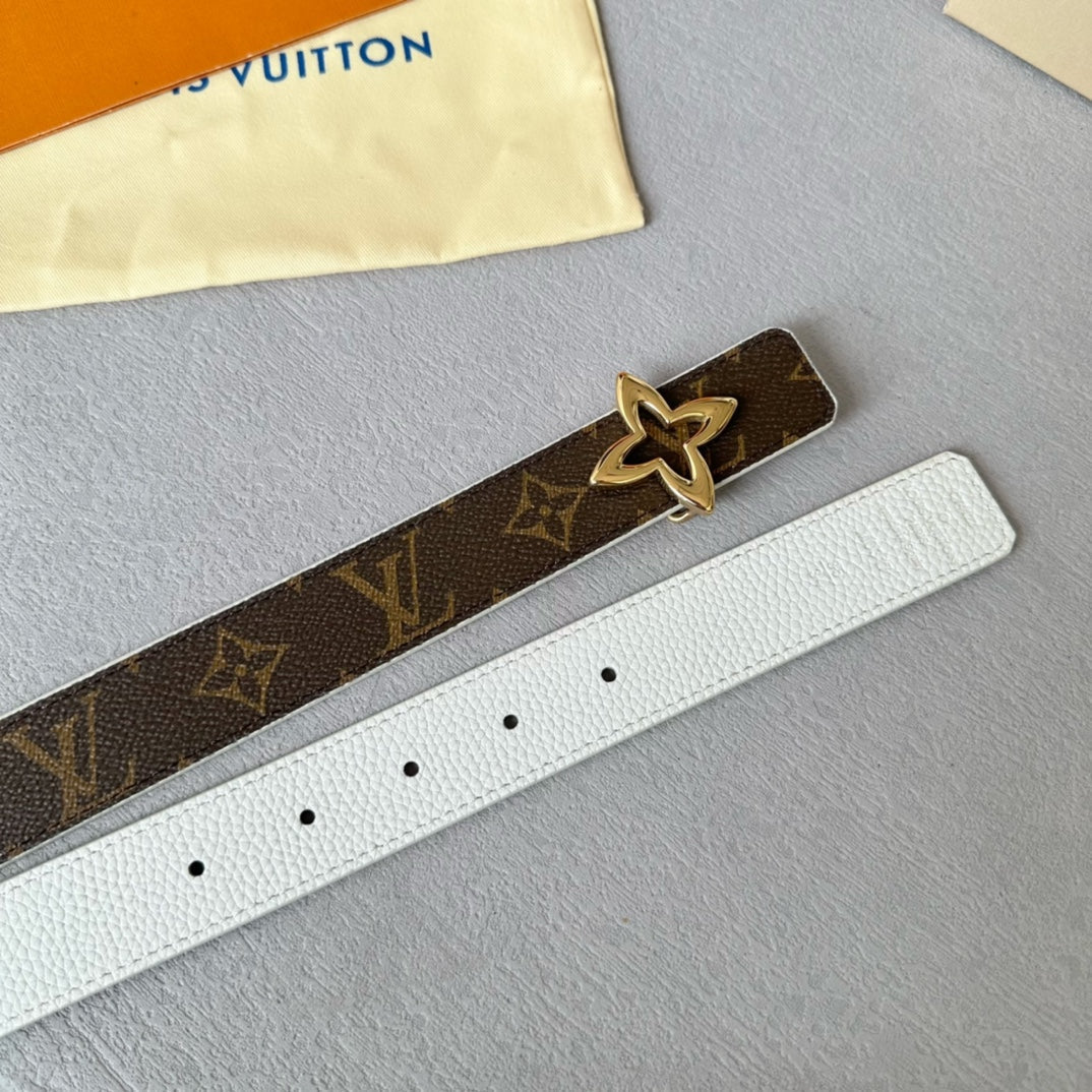 LOUIS VUITTON LV Flowergram 30mm Reversible Belt Gold Buckle White Brown Leather