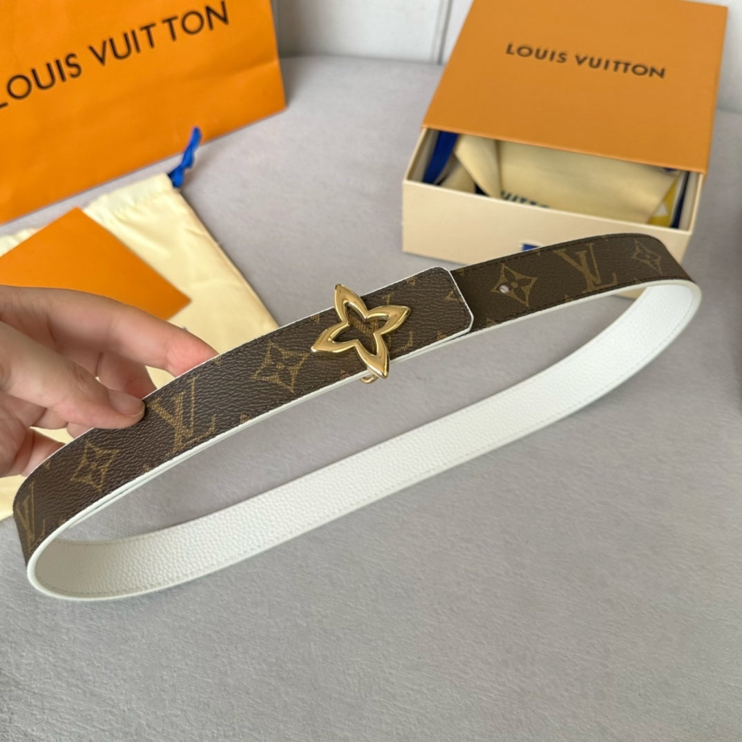 LOUIS VUITTON LV Flowergram 30mm Reversible Belt Gold Buckle White Brown Leather