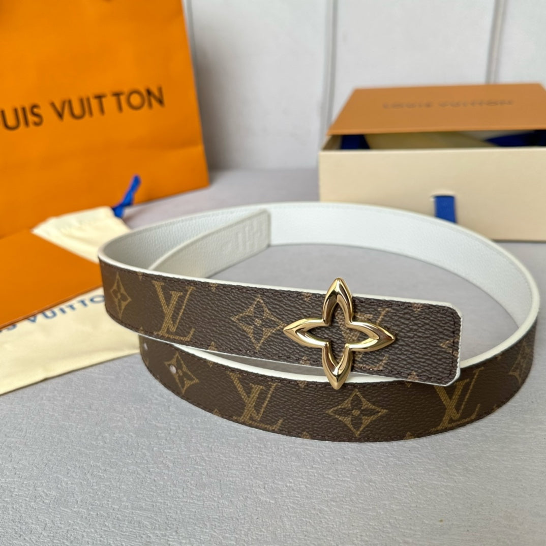 LOUIS VUITTON LV Flowergram 30mm Reversible Belt Gold Buckle White Brown Leather