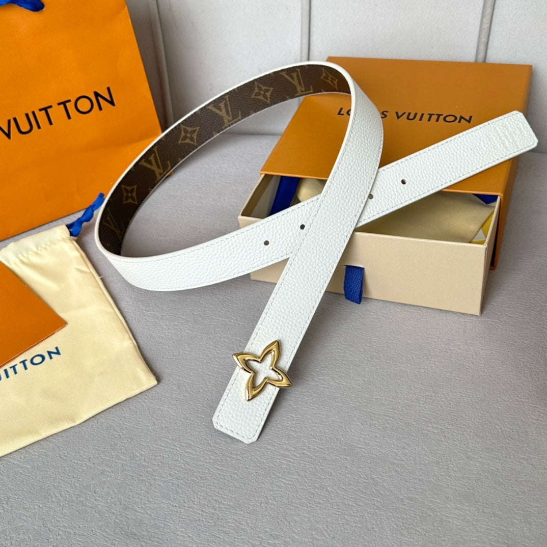 LOUIS VUITTON LV Flowergram 30mm Reversible Belt Gold Buckle White Brown Leather
