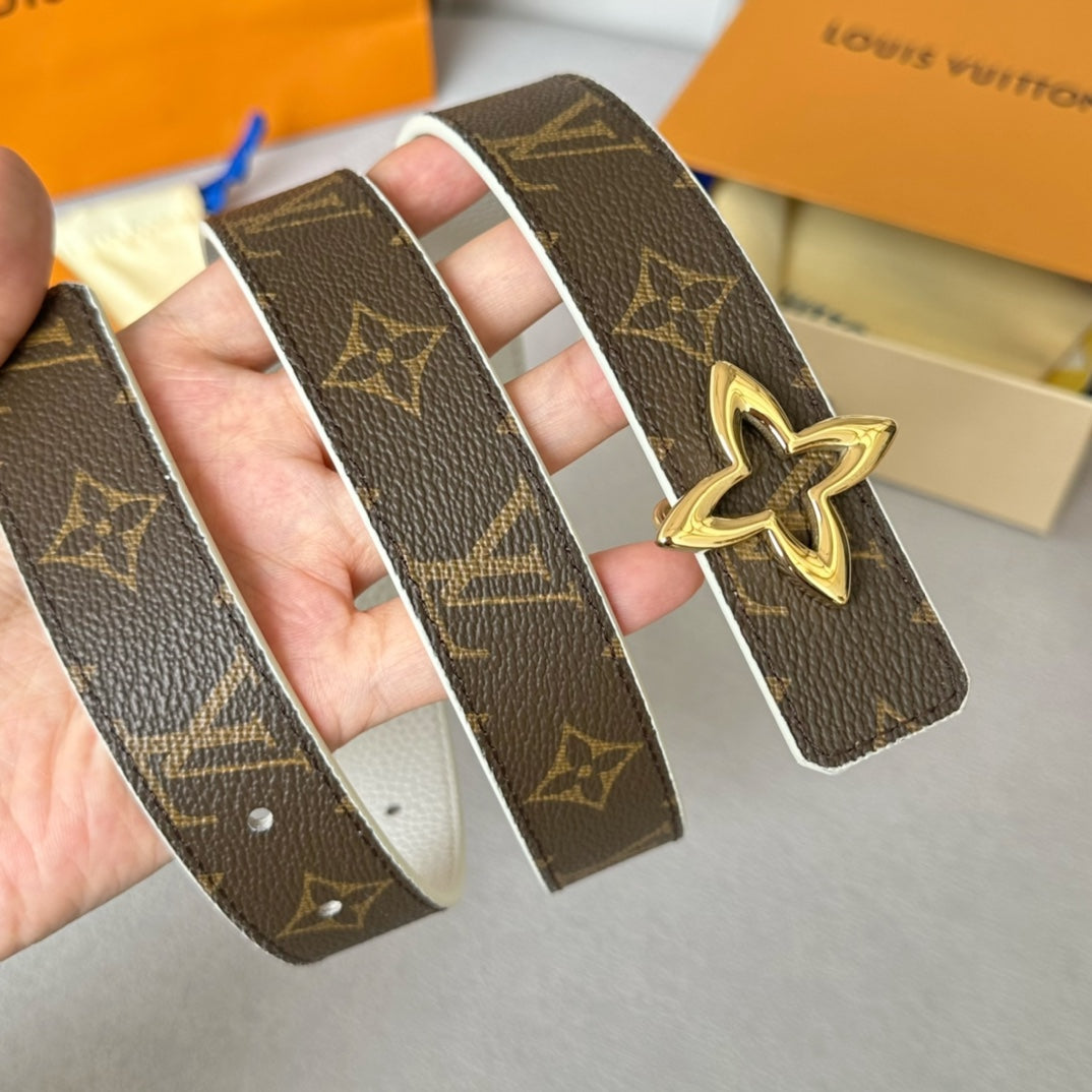 LOUIS VUITTON LV Flowergram 30mm Reversible Belt Gold Buckle White Brown Leather