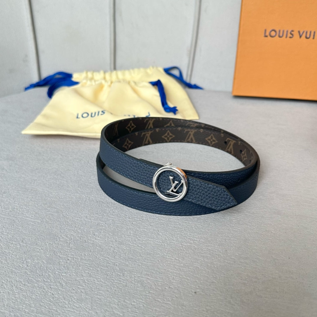 LOUIS VUITTON LV Circle 20mm Reversible Belt Silver Buckle Navy Blue Brown Leather