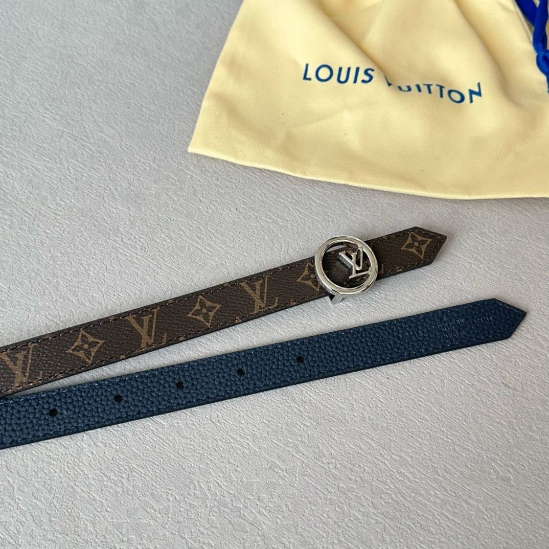 LOUIS VUITTON LV Circle 20mm Reversible Belt Silver Buckle Navy Blue Brown Leather