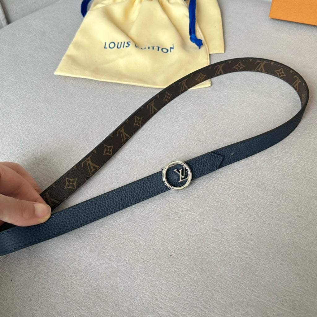 LOUIS VUITTON LV Circle 20mm Reversible Belt Silver Buckle Navy Blue Brown Leather