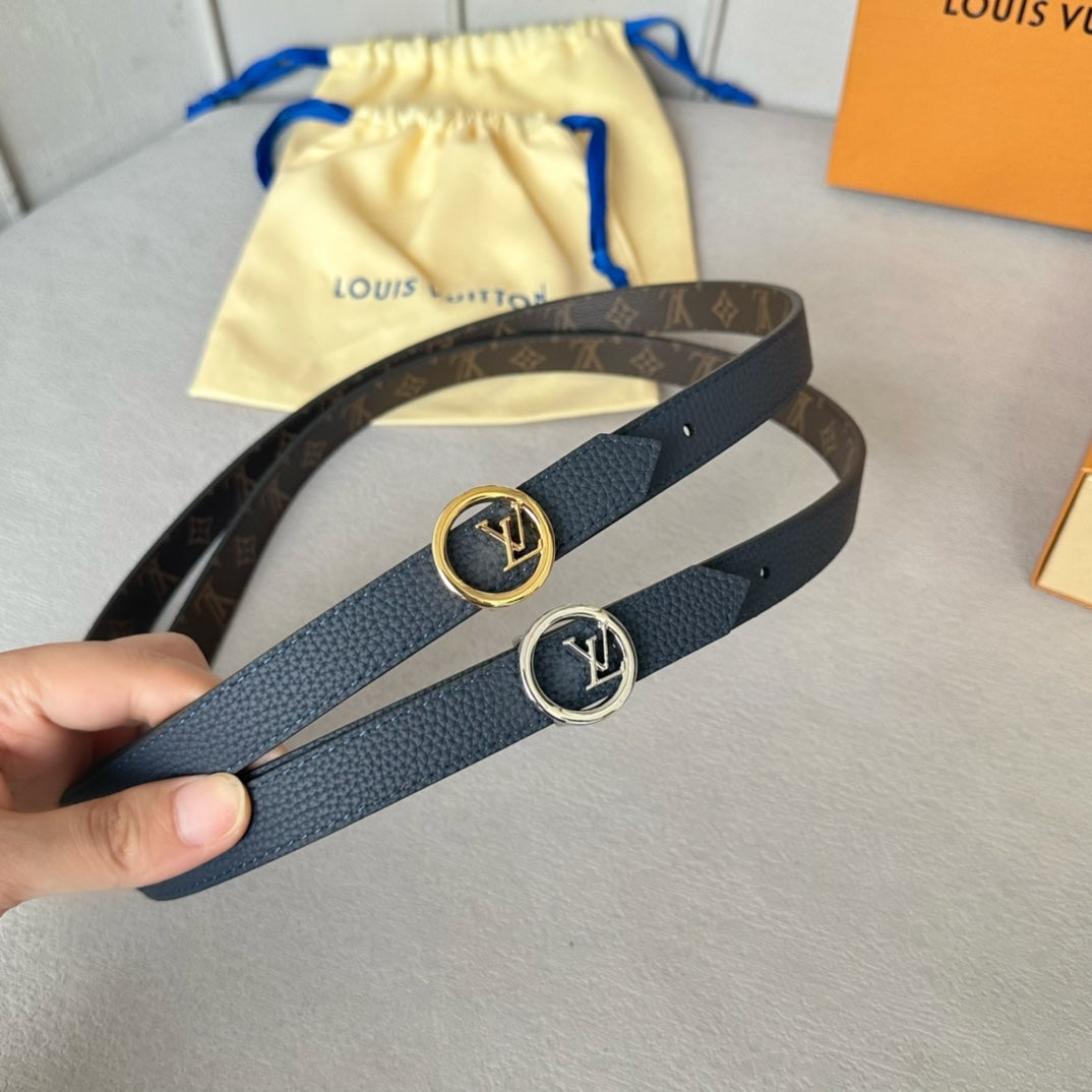 LOUIS VUITTON LV Circle 20mm Reversible Belt Silver Buckle Navy Blue Brown Leather