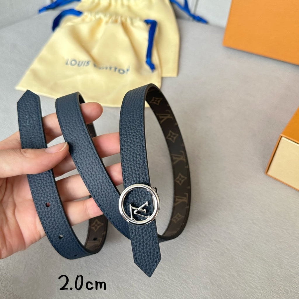 LOUIS VUITTON LV Circle 20mm Reversible Belt Silver Buckle Navy Blue Brown Leather