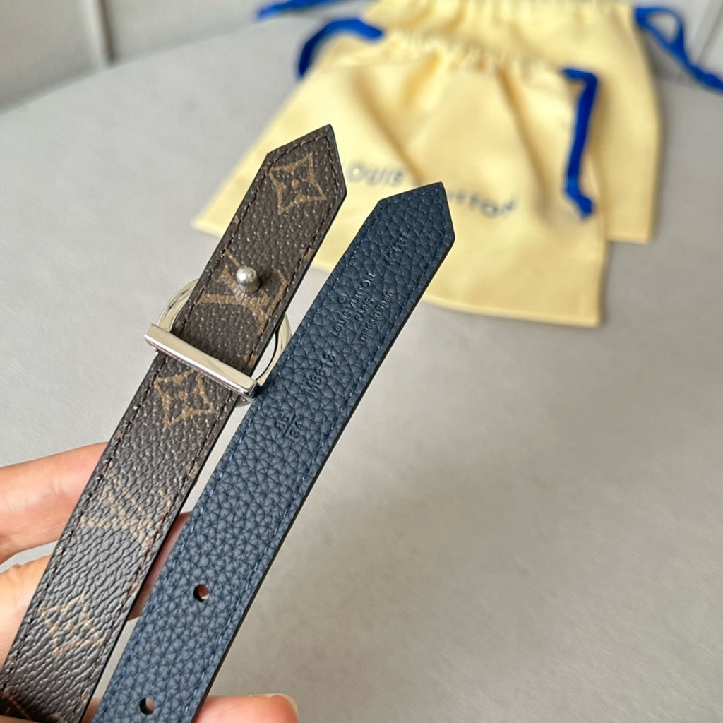 LOUIS VUITTON LV Circle 20mm Reversible Belt Silver Buckle Navy Blue Brown Leather