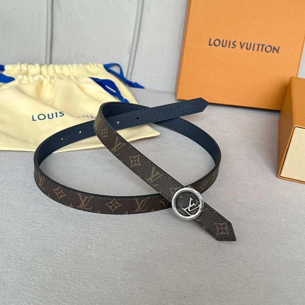 LOUIS VUITTON LV Circle 20mm Reversible Belt Silver Buckle Navy Blue Brown Leather