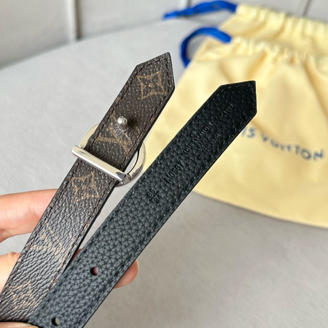 LOUIS VUITTON LV Circle 20mm Reversible Belt Silver Buckle Black Brown Leather