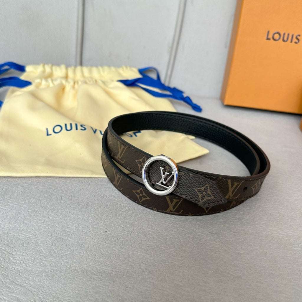 LOUIS VUITTON LV Circle 20mm Reversible Belt Silver Buckle Black Brown Leather