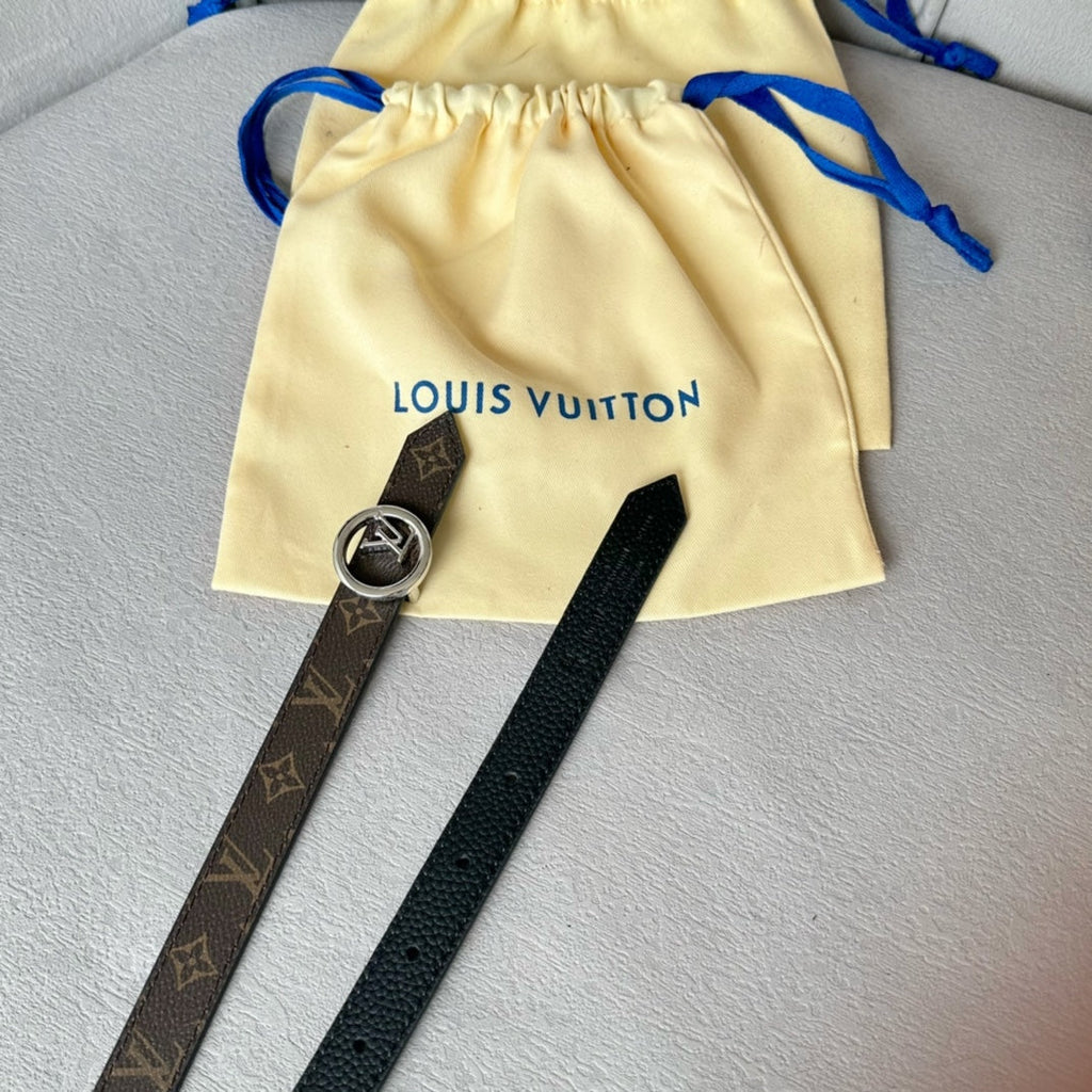 LOUIS VUITTON LV Circle 20mm Reversible Belt Silver Buckle Black Brown Leather
