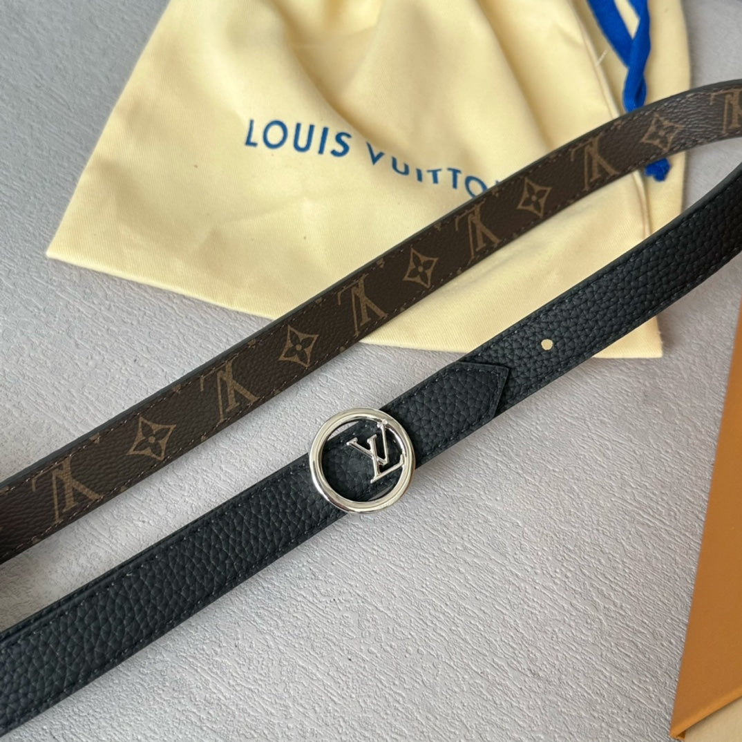 LOUIS VUITTON LV Circle 20mm Reversible Belt Silver Buckle Black Brown Leather