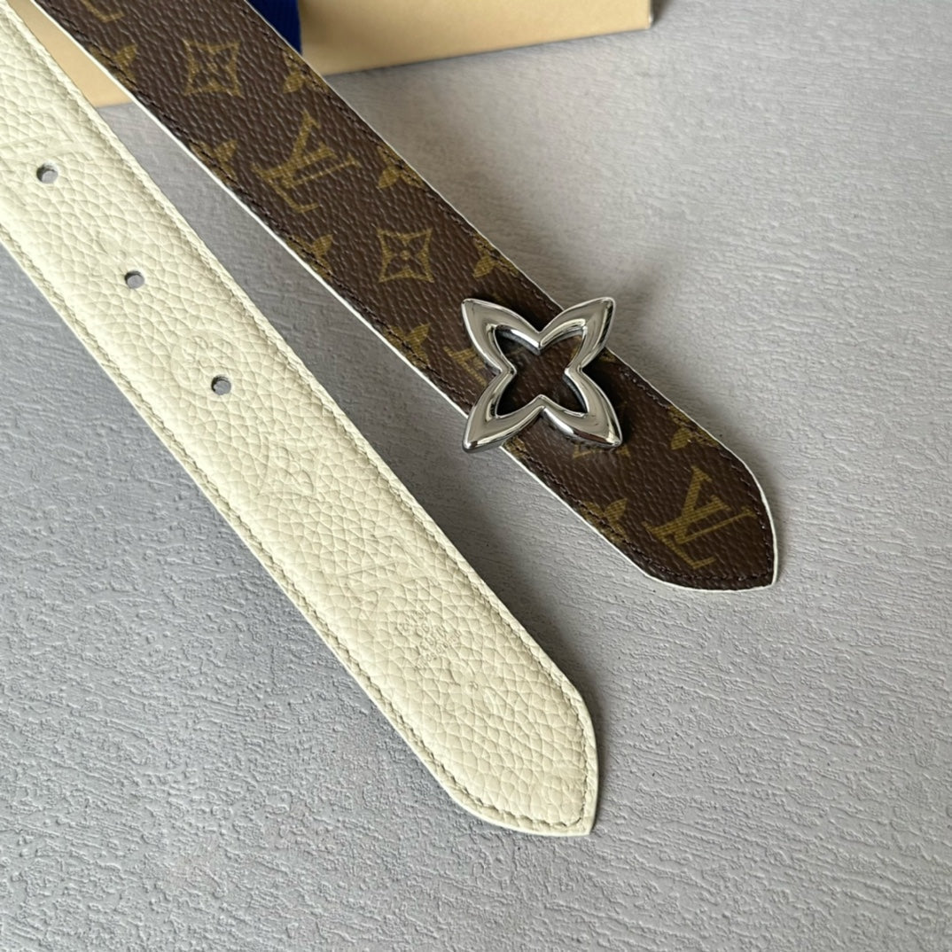 LOUIS VUITTON LV  MINI FLOWERGRAM 30MM REVERSIBLE BELT IN WHITE EMBOSSED CALFSKIN SILVER HARDWARE