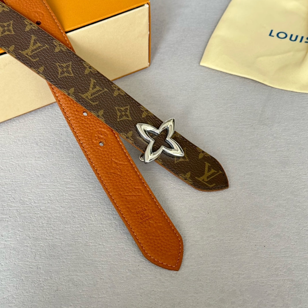 LOUIS VUITTON LV  MINI FLOWERGRAM 30MM REVERSIBLE BELT IN BRONZE BROWN EMBOSSED CALFSKIN SILVER HARDWARE