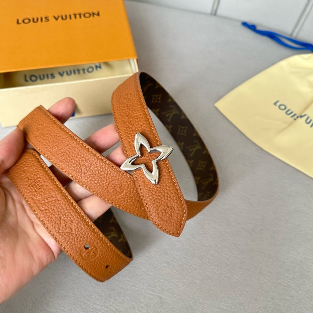 LOUIS VUITTON LV  MINI FLOWERGRAM 30MM REVERSIBLE BELT IN BRONZE BROWN EMBOSSED CALFSKIN SILVER HARDWARE