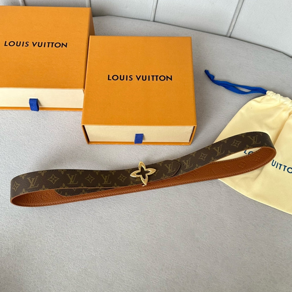 LOUIS VUITTON LV  MINI FLOWERGRAM 30MM REVERSIBLE BELT IN BRONZE BROWN EMBOSSED CALFSKIN GOLD HARDWARE