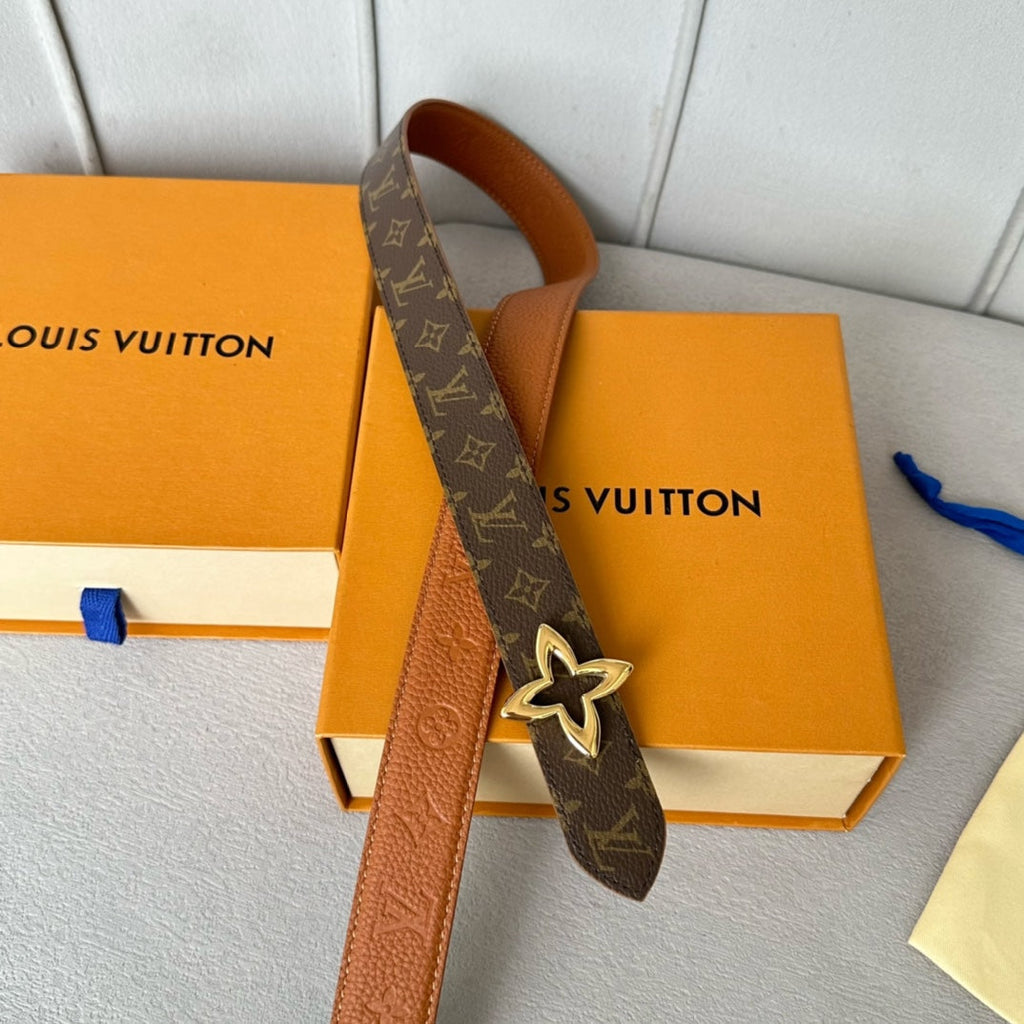 LOUIS VUITTON LV  MINI FLOWERGRAM 30MM REVERSIBLE BELT IN BRONZE BROWN EMBOSSED CALFSKIN GOLD HARDWARE