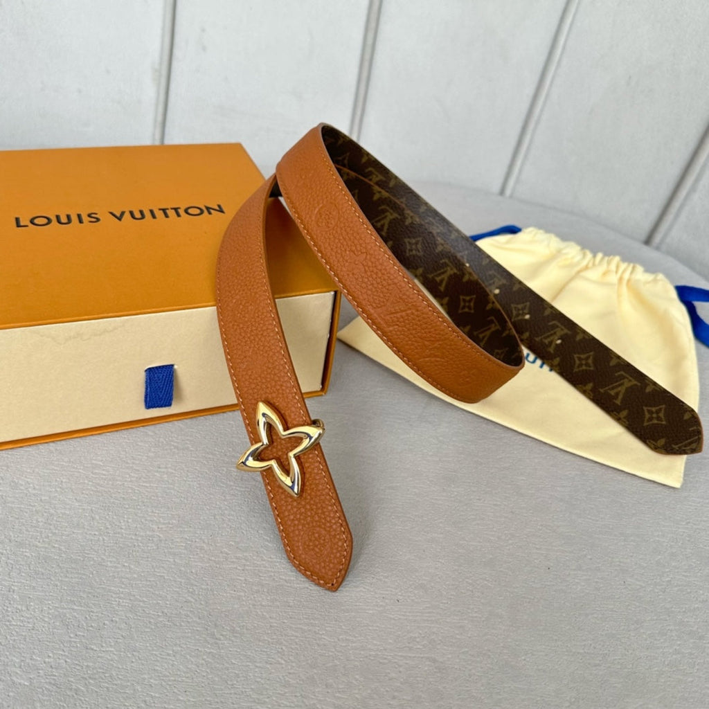 LOUIS VUITTON LV  MINI FLOWERGRAM 30MM REVERSIBLE BELT IN BRONZE BROWN EMBOSSED CALFSKIN GOLD HARDWARE