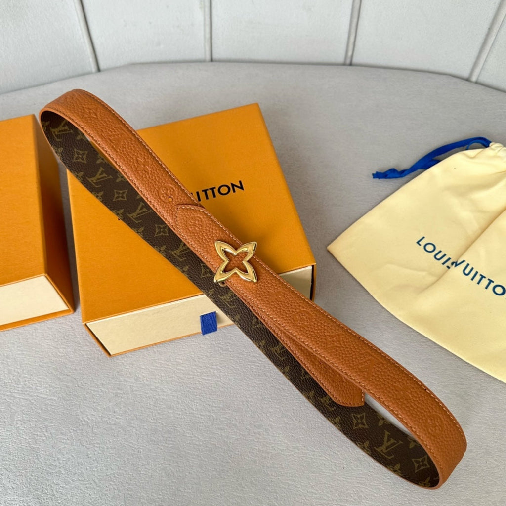 LOUIS VUITTON LV  MINI FLOWERGRAM 30MM REVERSIBLE BELT IN BRONZE BROWN EMBOSSED CALFSKIN GOLD HARDWARE