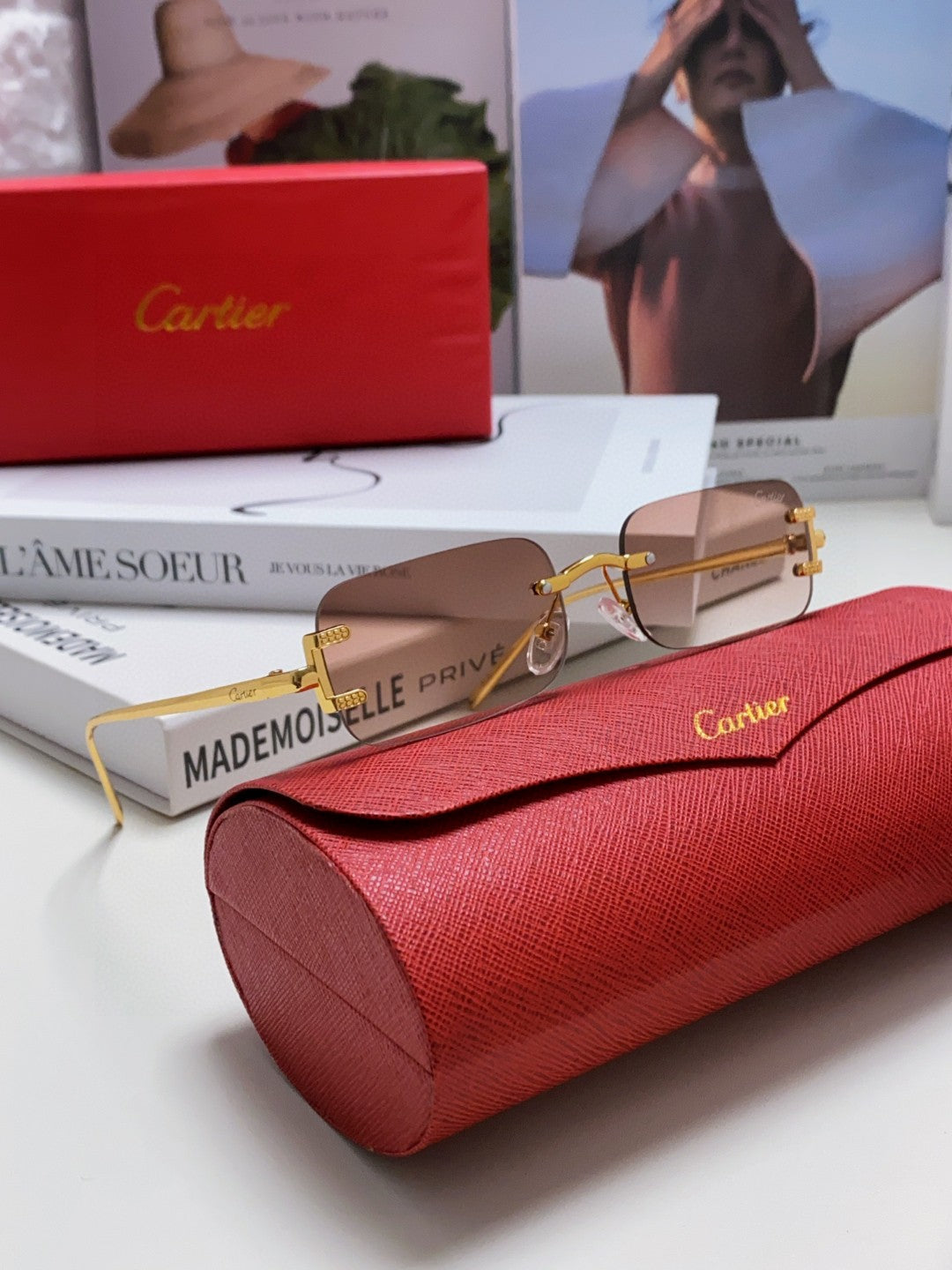 CARTIER SANTOS RIMLESS RECTANGULAR FRAME SUNGLASSES 562068 IN METAL
