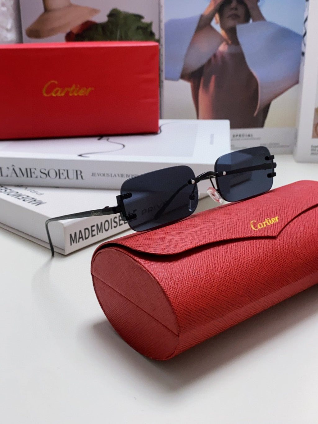 CARTIER SANTOS RIMLESS RECTANGULAR FRAME SUNGLASSES 562068 IN METAL