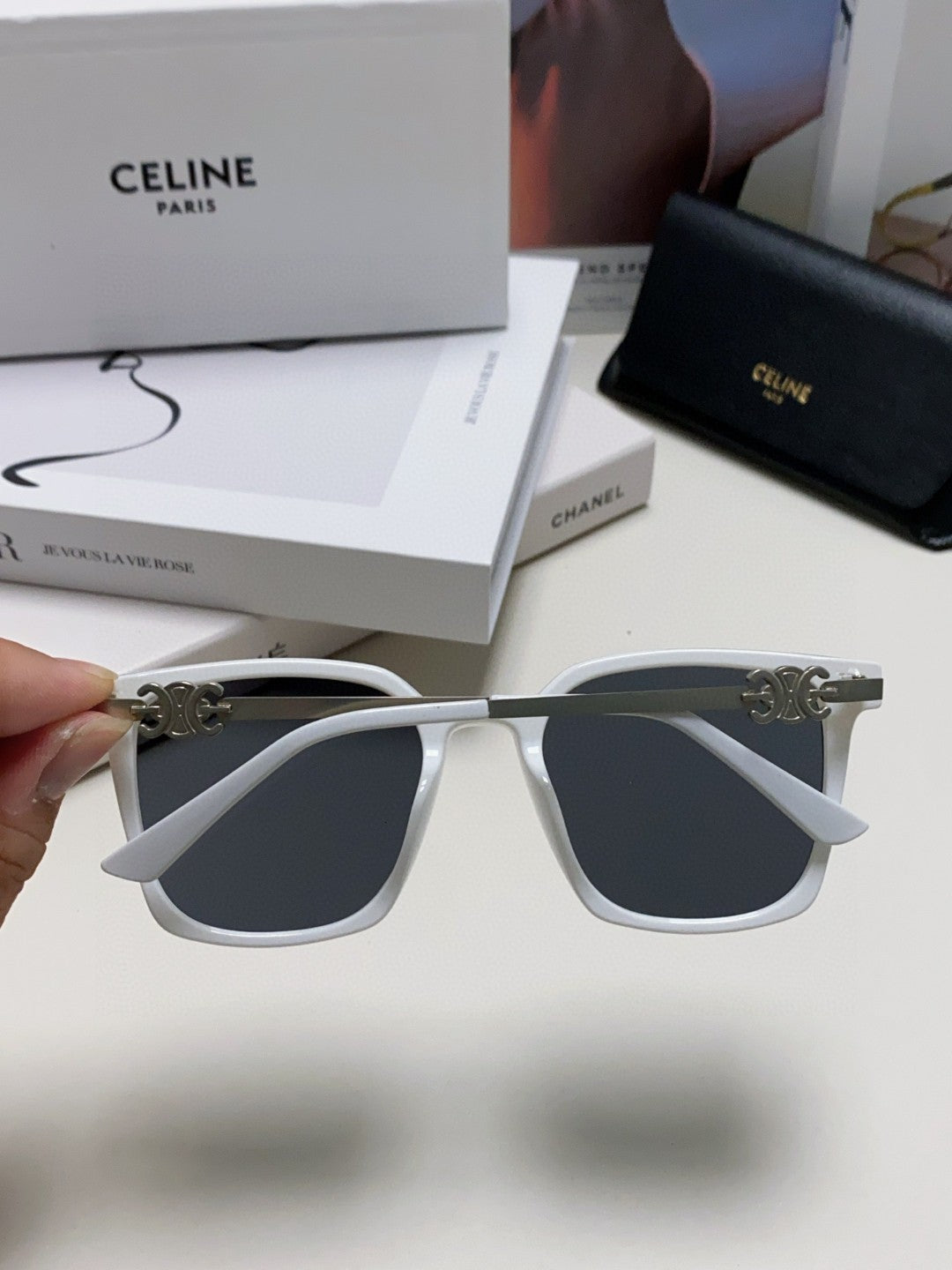 CELINE TRIOMPHE SUNGLASSES 497817 IN WHITE METAL BLACK LENSES
