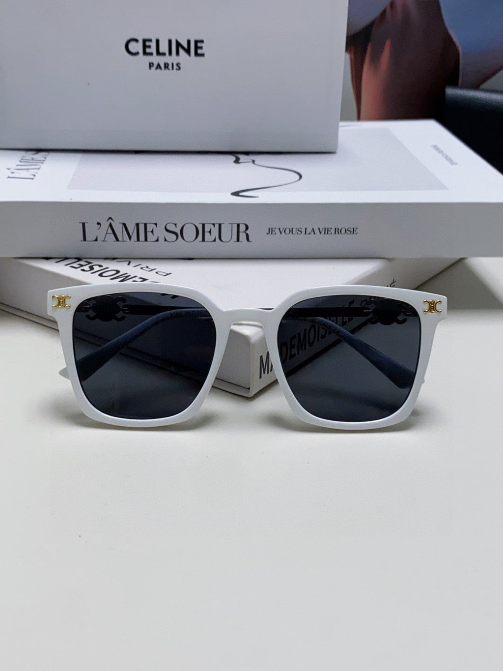 CELINE TRIOMPHE SUNGLASSES 497817 IN WHITE METAL BLACK LENSES