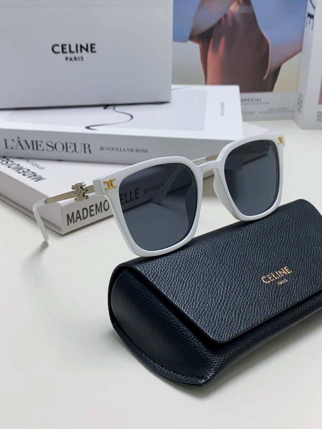 CELINE TRIOMPHE SUNGLASSES 497817 IN WHITE METAL BLACK LENSES