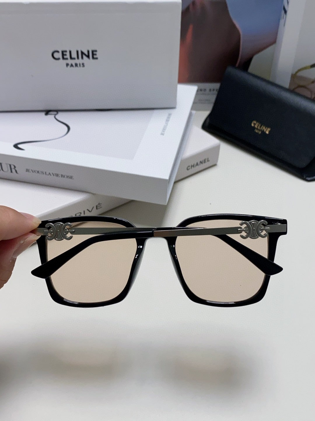 CELINE TRIOMPHE SUNGLASSES 497818 IN SILVER METAL LIGHT BROWN LENSES