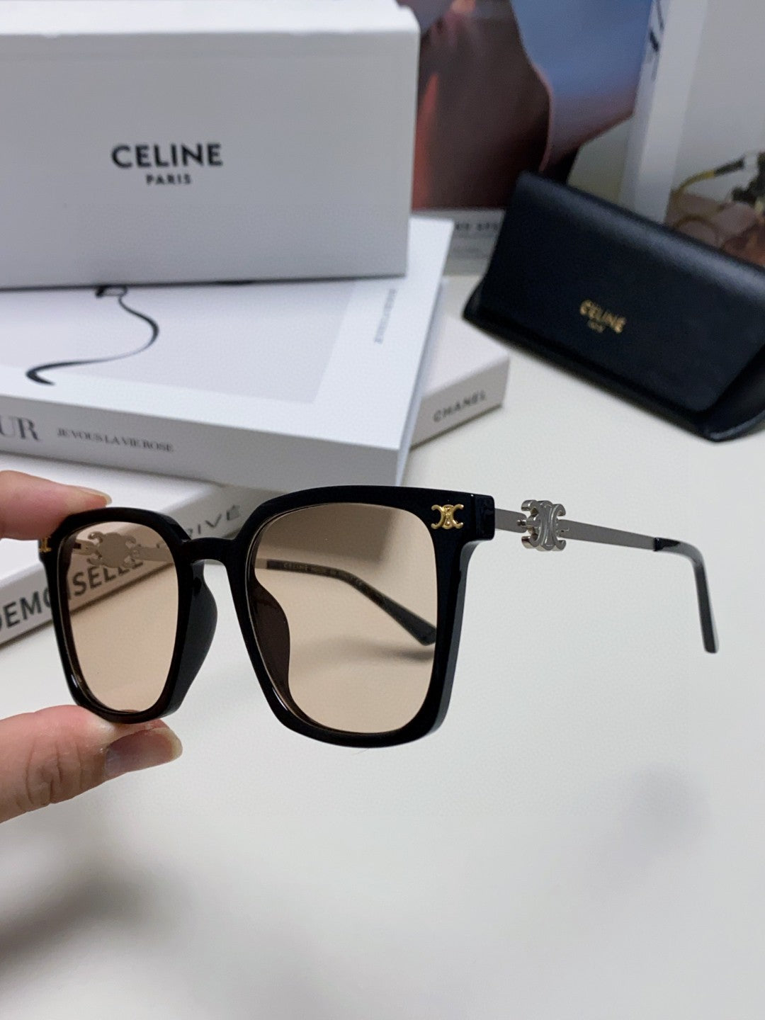 CELINE TRIOMPHE SUNGLASSES 497818 IN SILVER METAL LIGHT BROWN LENSES