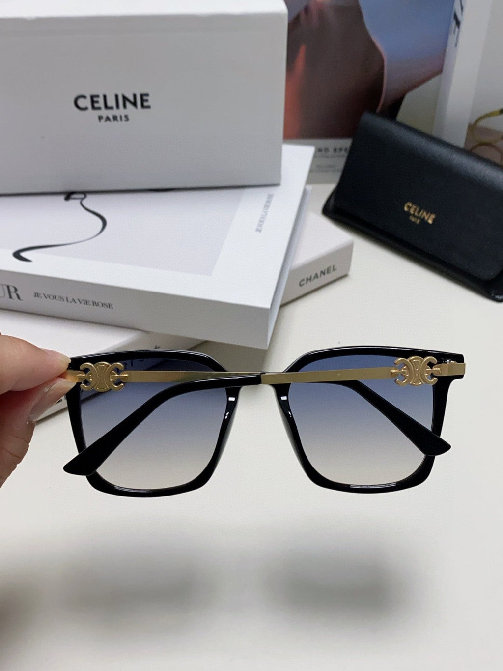 CELINE TRIOMPHE SUNGLASSES 497819 IN GOLD METAL BLACK SMOKE LENSES