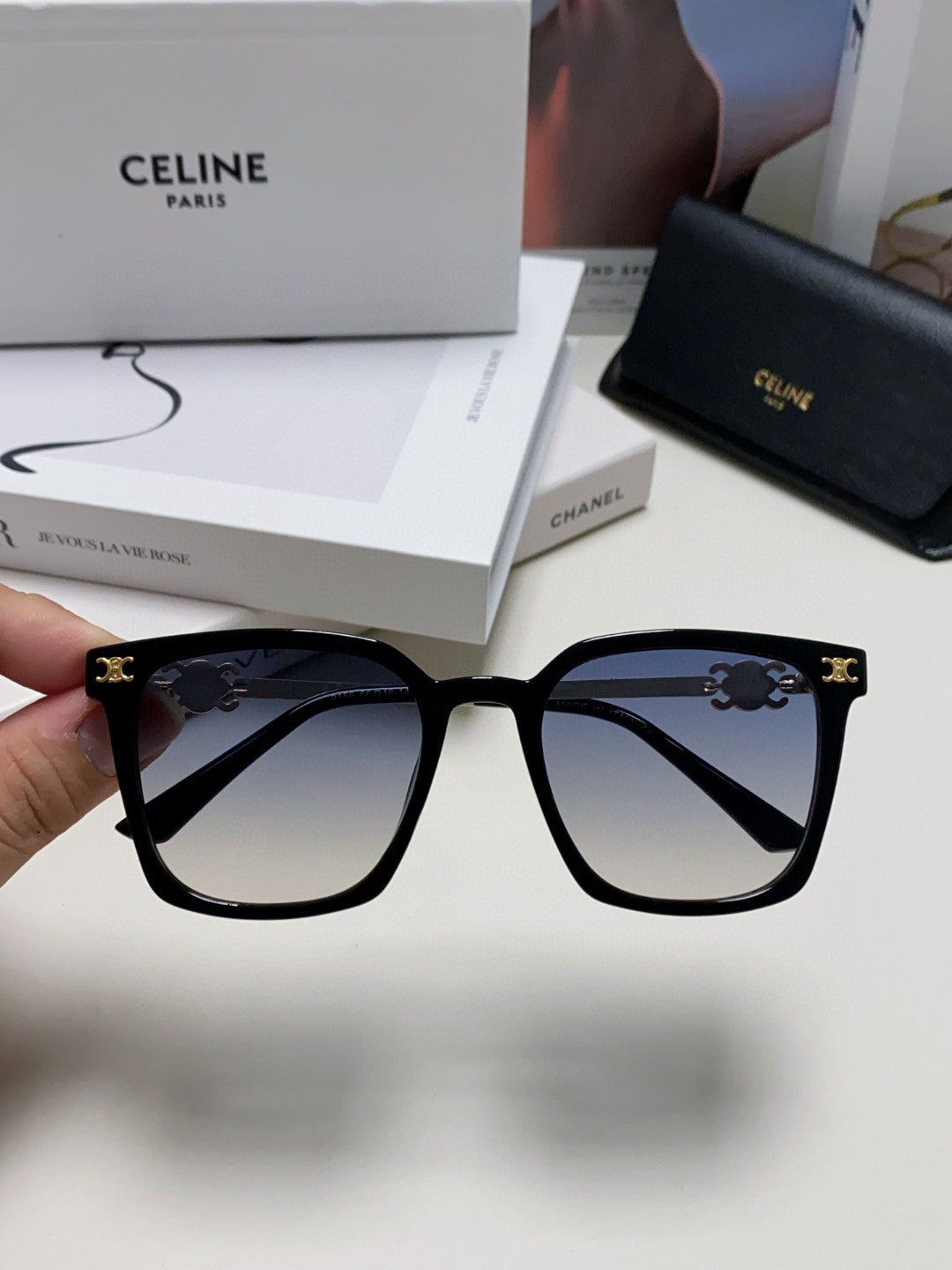 CELINE TRIOMPHE SUNGLASSES 497819 IN GOLD METAL BLACK SMOKE LENSES