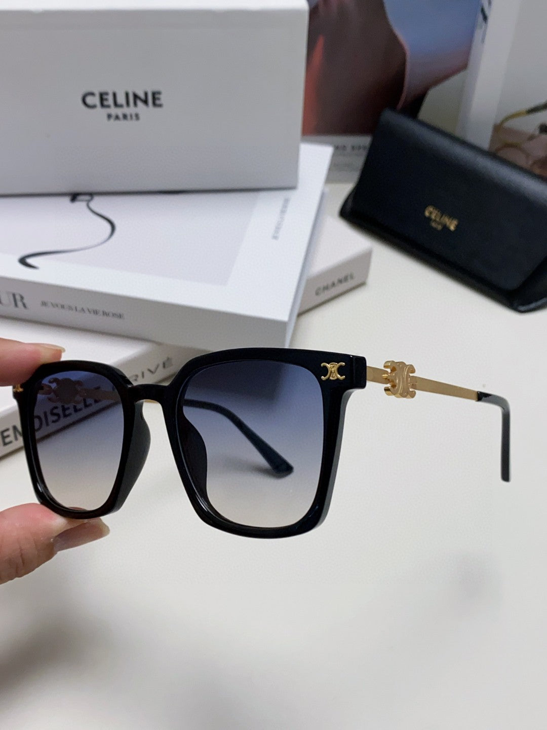 CELINE TRIOMPHE SUNGLASSES 497819 IN GOLD METAL BLACK SMOKE LENSES