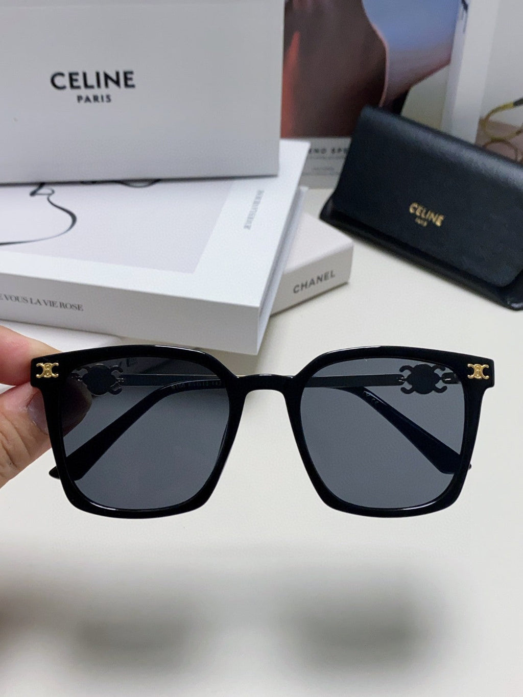CELINE TRIOMPHE SUNGLASSES 497820 IN GOLD METAL BLACK LENSES