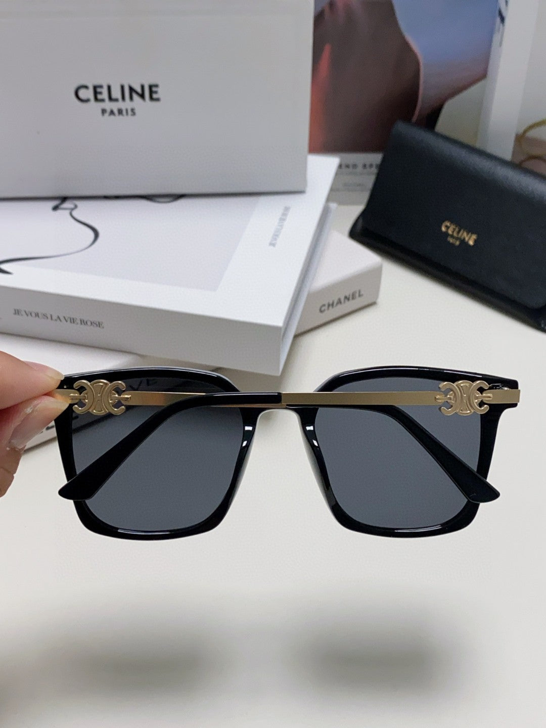 CELINE TRIOMPHE SUNGLASSES 497820 IN GOLD METAL BLACK LENSES